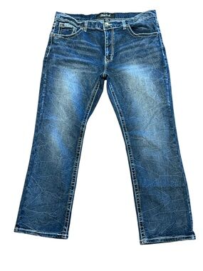 True Luck Men's 36 x 30 Blue Washed Jeans with Embroidered Pockets